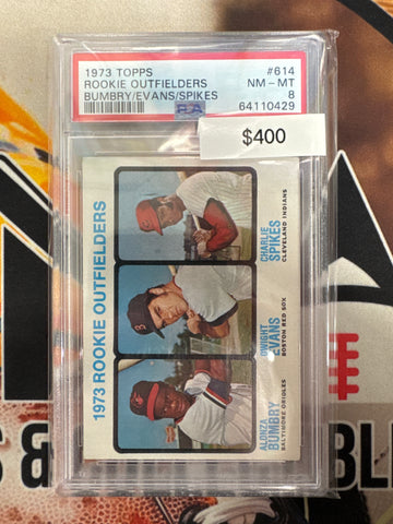 1973 Topps MLB Rookie Outfielders Alonza Bumbry, Dwight Evans & Charlie Spines PSA 8