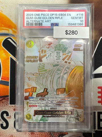 2026 One Piece OP15-116 Gum-Gum Golden Rifle Alternate Art PSA 10