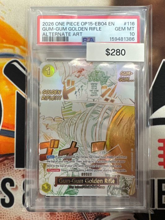 2026 One Piece OP15-116 Gum-Gum Golden Rifle Alternate Art PSA 10