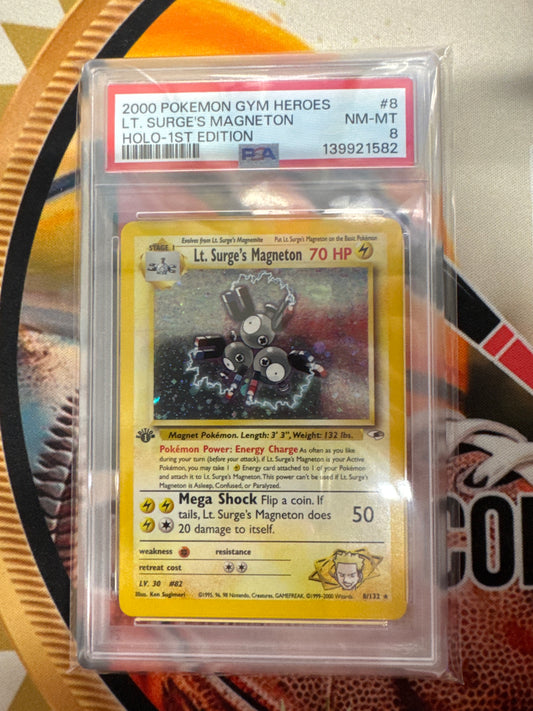 2000 Pokemon Gym Heroes Lt. Surge’s Magneton Holo 8/132 1st Edition PSA 8