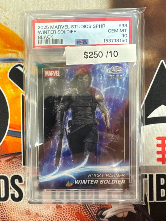 2025 Topps Marvel Studios Chrome Sapphire Winter Soldier Bucky Barnes Black Refractor /10 PSA 10
