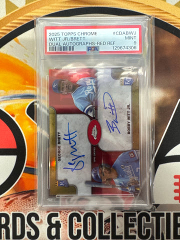 2025 Topps Chrome MLB Bobby Witt Jr. & George Brett Dual Autographs Red Refractor /5 PSA 9