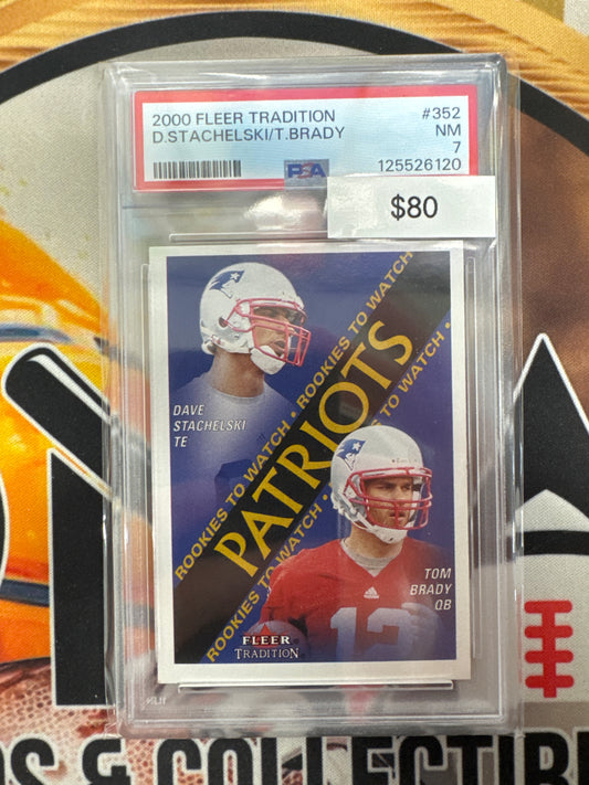 2000 Fleer Football Dave Stachelski & Tom Brady Rookies To Watch PSA 7