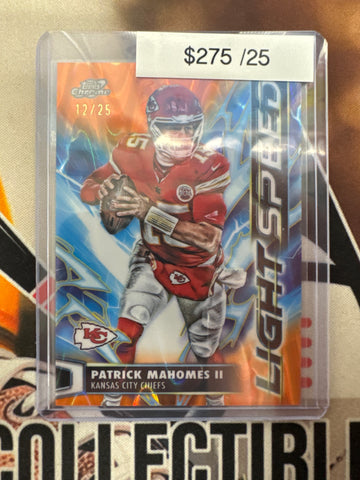 2025 Topps Chrome Cosmic NFL Patrick Mahomes II Lightspeed Orange Raywave Refractor /25