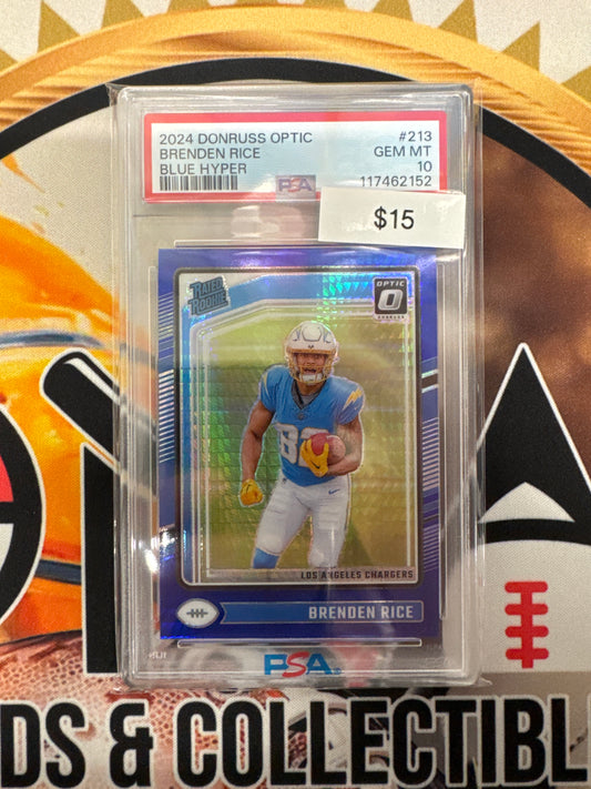 2024 Panini Donruss Optic NFL Brenden Rice Rated Rookie Blue Hyper PSA 10