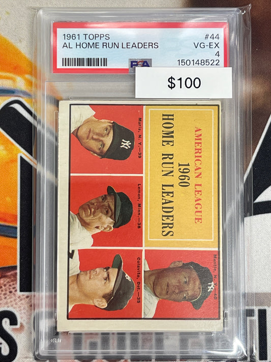 1961 Topps Baseball AL Home Run Leaders Mantle, Maris, Lemon, Colavito PSA 4