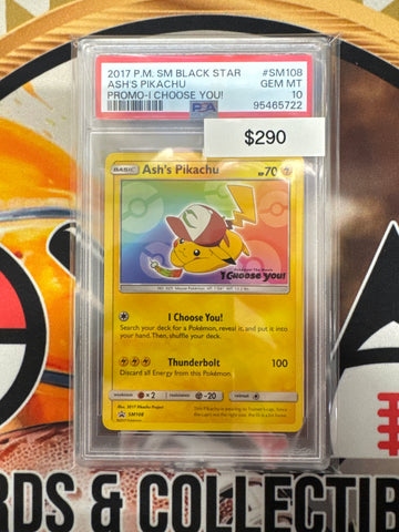 2017 Pokemon SM Black Star Ash’s Pikachu SM108 Promo I Choose You! PSA 10