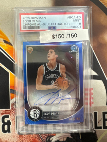 2025 Bowman Basketball Egor Demin Rookie Chrome Autograph Blue Refractor /150 PSA 9