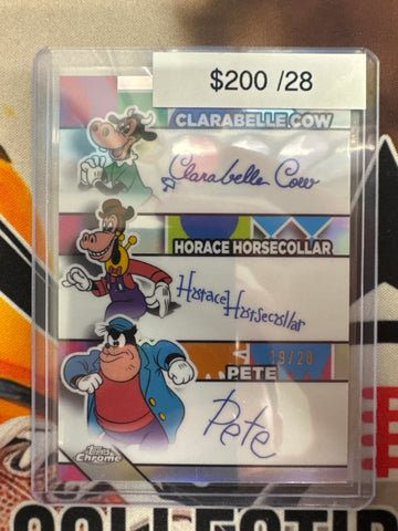 2026 Topps Chrome Disney Triple Facsimile Autograph Clarabelle Cow, Horace Horsecollar & Pete Refractor /28