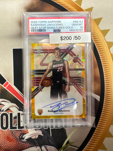 2025 Topps Chrome NBA Sapphire Kasparas Jakucionis Rookie Next Stop Signatures Gold /50 PSA 10