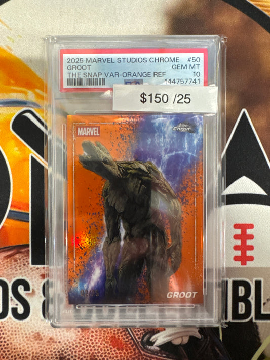 2025 Topps Marvel Studios Chrome Groot The Snap VAR Orange Refractor /25 PSA 10