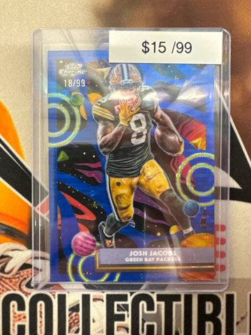 2025 Topps Chrome Cosmic NFL Josh Jacobs Blue Pulsar Refractor /99