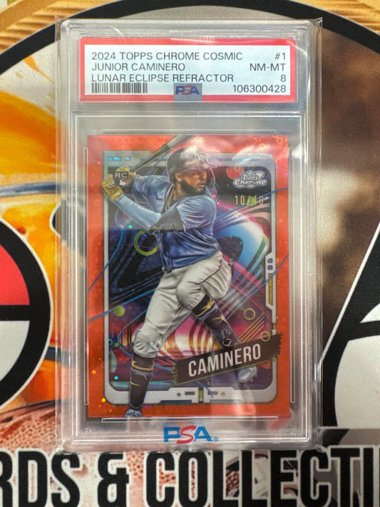 2024 Topps Chrome Cosmic MLB Junior Caminero Rookie Lunar Eclipse Refractor /10 PSA 8