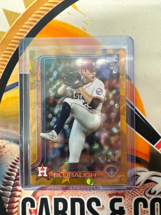 2025 Topps Chrome Update Series Sapphire MLB AJ Blubaugh Rookie Gold Refractor /50