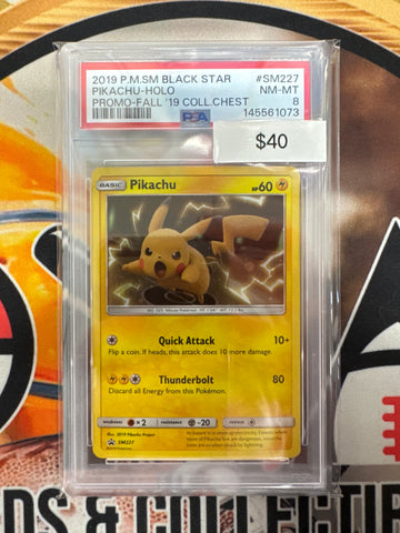 2019 Pokemon SM Black Star Pikachu Holo SM227 Promo Fall Collectors Chest PSA 8