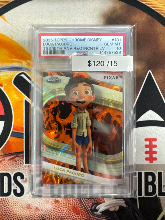 2025 Topps Chrome Disney Luca Paguro Toy Story 15th Anniversary Incinerator Lava Refractor /15 PSA 10