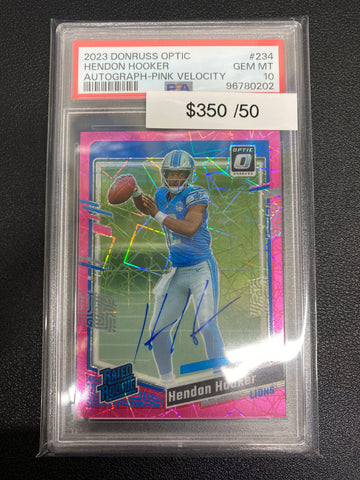 2023 Optic Hendon Hooker Pink Velocity Rated Rookie Auto /50 PSA 10