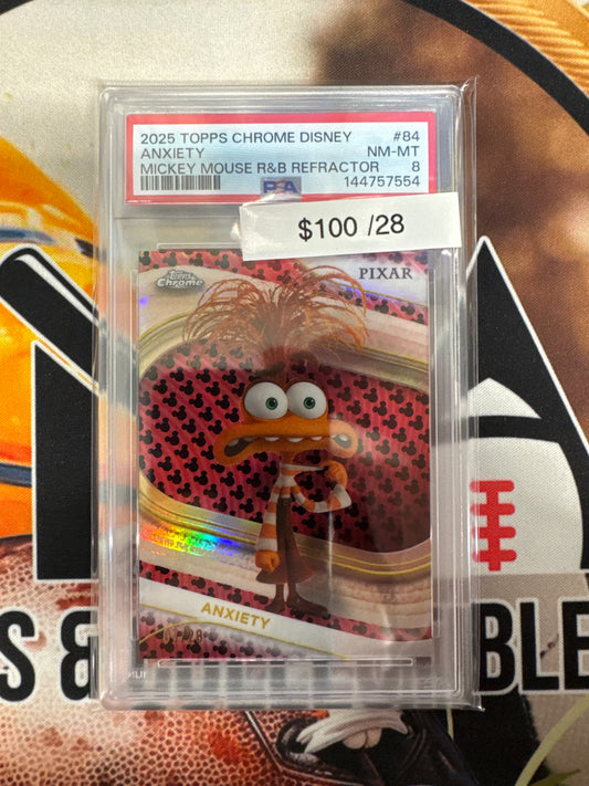 2025 Topps Chrome Disney Anxiety Mickey Mouse Red & Black Refractor /28 PSA 8