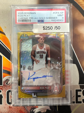 2025 Bowman Basketball Koa Peat Chrome Prospect Autograph Gold Shimmer Refractor /50 PSA 9