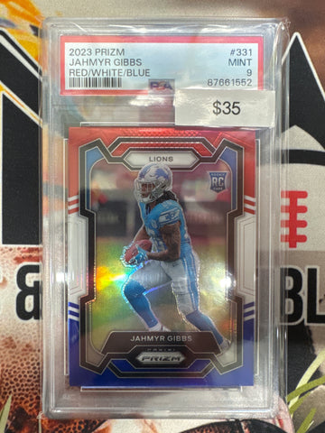 2023 Panini Prizm NFL Jahmyr Gibbs Rookie Red/White & Blue Prizm PSA 9