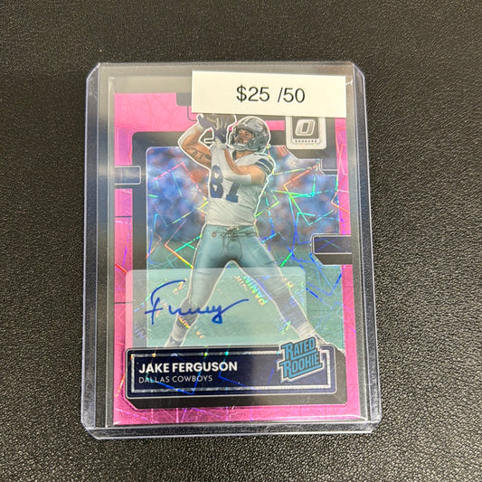 2022 NFL Donruss Optic Jake Ferguson Pink Velocity Rated Rookie Auto /50