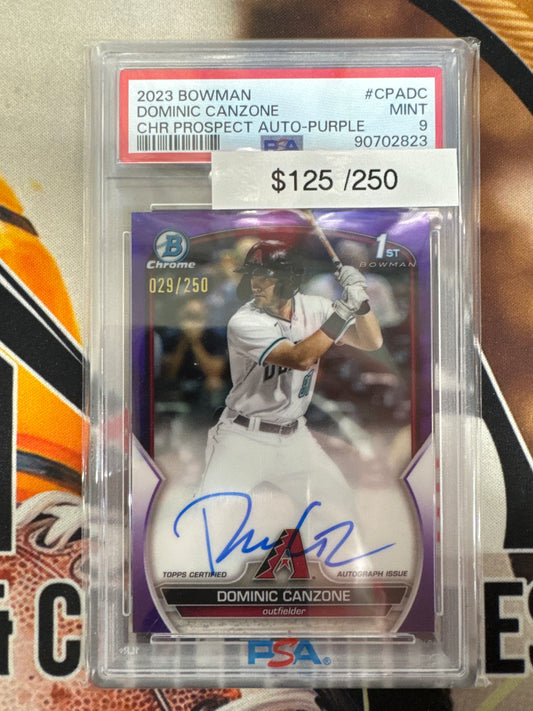 2023 Bowman Baseball Dominic Canzone Chrome Prospect Autograph Purple Refractor /250 PSA 9
