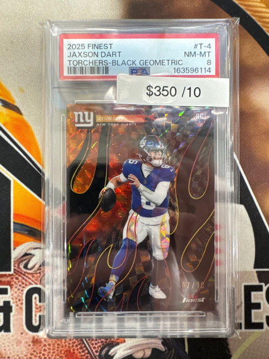 2025 Topps Finest NFL Jaxson Dart Rookie Torchers Black Geometric Refractor /10 PSA 8