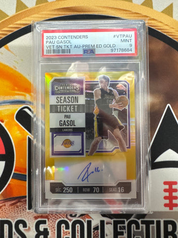 2023 Panini Contenders NBA Pau Gasol Veteran Season Ticket Autograph Premium Edition Gold /10 PSA 9