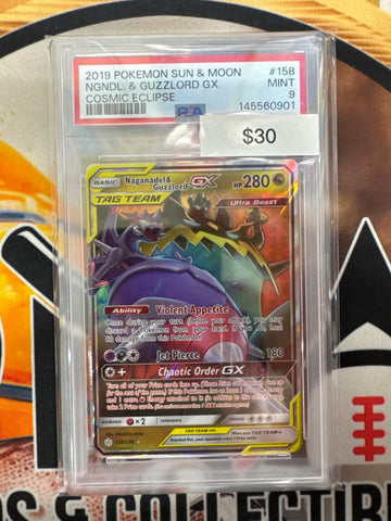 Pokémon Naganadel & Guzzlord GX 158/236 Cosmic Eclipse PSA 9