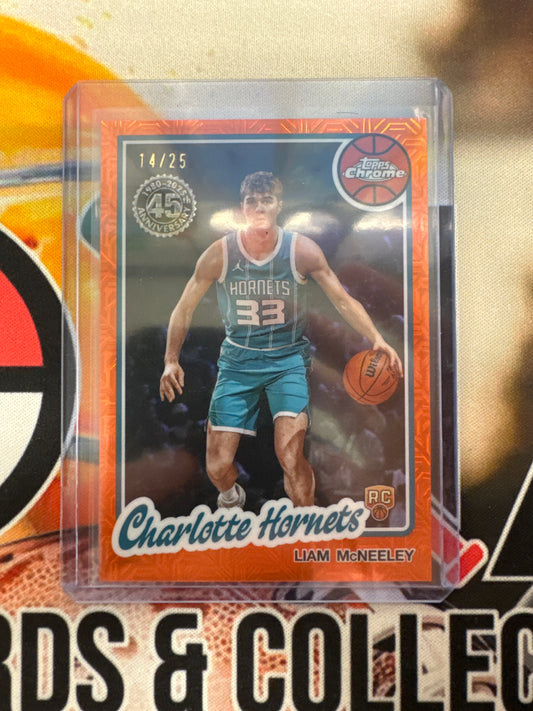 2025 Topps Flagship NBA 45th Anniversary Chrome Liam McNeeley Orange Mojo Refractor /25