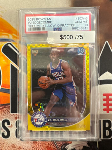 2025 Bowman Basketball VJ Edgecombe Rookie Chrome Yellow X-Fractor /75 PSA 10