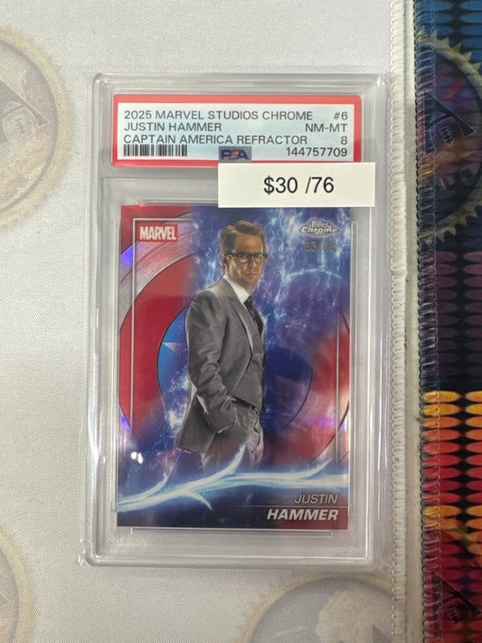 2025 Topps Marvel Studios Chrome Justin Hammer Captain America Refractor /76 PSA 8