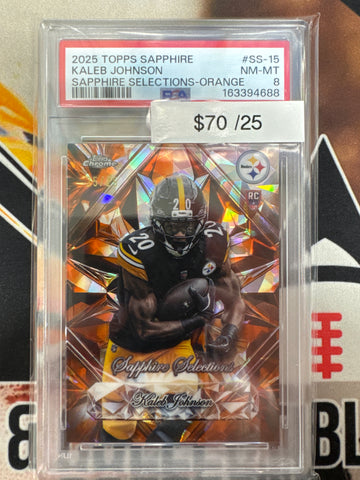2025 Topps Chrome NFL Sapphire Kaleb Johnson Rookie Sapphire Selections Orange Refractor /25 PSA 8