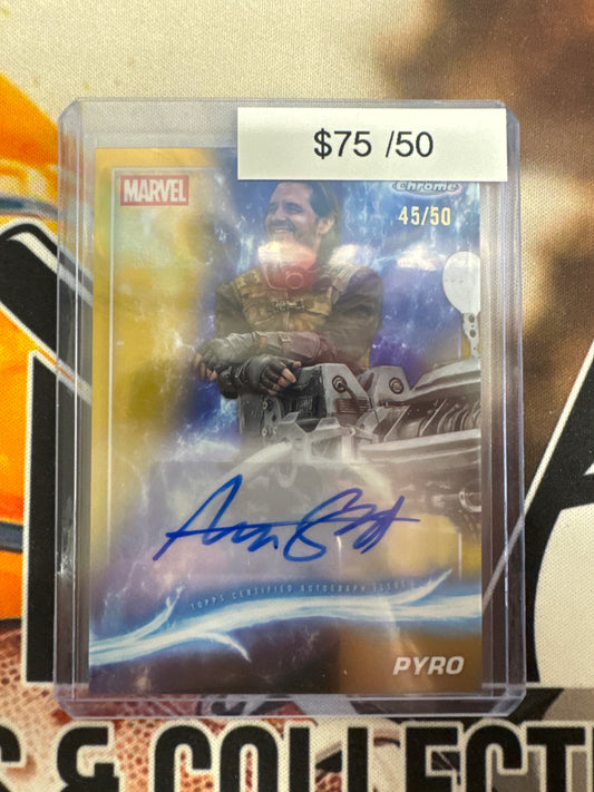 2025 Topps Marvel Studios Chrome Autograph Aaron Stanford As Pyro Gold Refractor /50