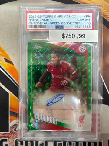 2025-26 Topps Chrome UCC Rio Ngumoha Rookie Chrome Autograph Green Geometric Refractor /99 PSA 10