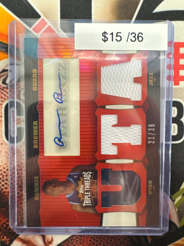 2007 Topps Triple Threads Basketball Ronnie Brewer Triple Relic Autograph Refractor /36