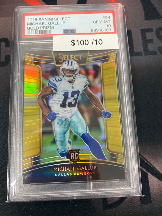 2018 NFL Select Michael Gallup Gold Prizm Rookie /10 PSA 10