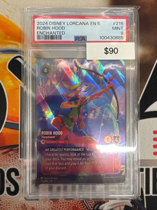 Disney Lorcana Robin Hood Sharpshooter Enchanted Shimmering Skies 215/204 PSA 9