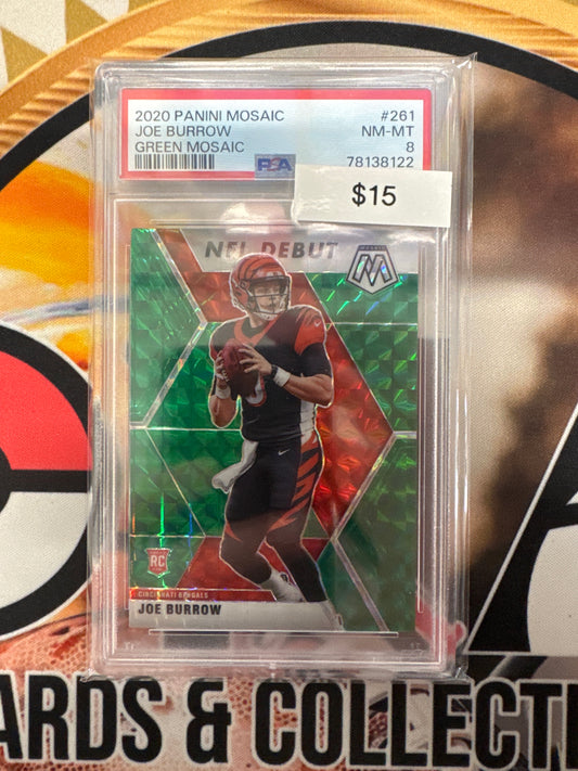 2020 Panini Mosaic NFL Joe Burrow Rookie Green Mosaic NFL Debut PSA 8