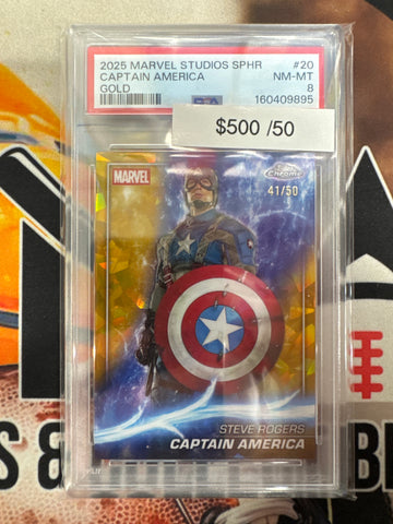 2025 Topps Chrome Marvel Studios Sapphire Captain America Gold Refractor /50 PSA 8