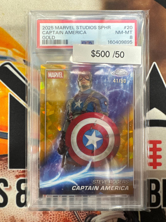 2025 Topps Chrome Marvel Studios Sapphire Captain America Gold Refractor /50 PSA 8