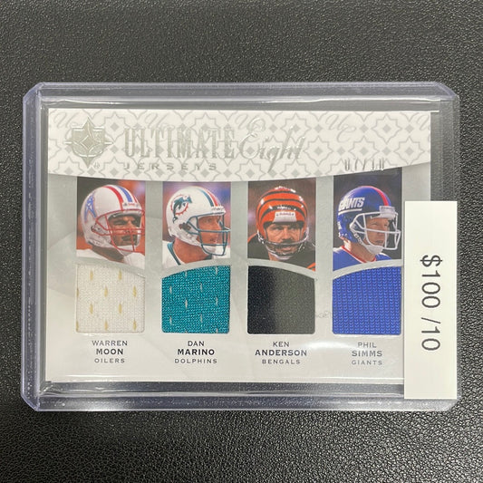 2009 Upper Deck Ultimate Eight Jerseys Warren Moon, Dan Morino, Ken Anderson, Phil Simms, Joe Theismann, Fran Tarkenton, Randall Cunningham, Jim Kelly Patches /10