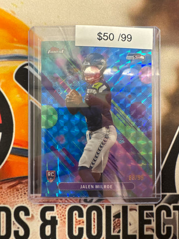 2025 Topps Finest NFL Jalen Milroe Common Rookie Blue Geometric Refractor /99