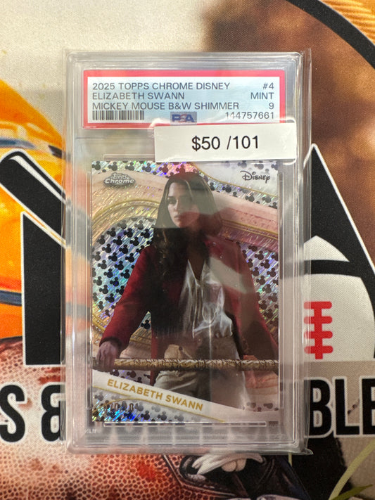 2025 Topps Chrome Disney Elizabeth Swann Mickey Mouse Black & White Shimmer /101 PSA 9