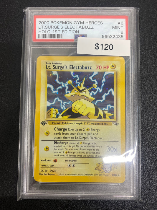 Pokémon 1st Edition Gym Heroes Lt. Surge’s Electabuzz Holo PSA 9