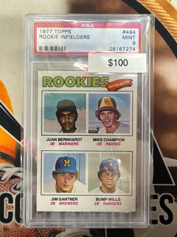 1977 Topps MLB Rookie Infielders Juan Bernhardt, Mike Champion, Jim Gantner, Bump Wills PSA 9