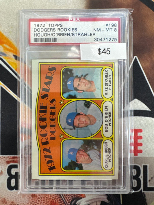 1972 Topps Baseball Dodgers Rookies Charlie Hough, Bob O’Brien & Mike Strahler PSA 8