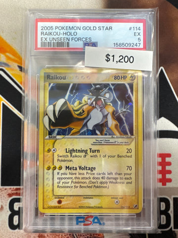 2005 Pokemon Gold Star Raikou Holo 114/115 EX Unseen Forces PSA 5
