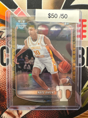 2025-26 Topps Bowman Chrome Basketball Nate Ament 1st Bowman Gold Reptilian Refractor /50