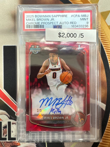 2025 Bowman Sapphire Basketball Mikel Brown Jr. Chrome Prospect Autograph Red Refractor /5 PSA 9